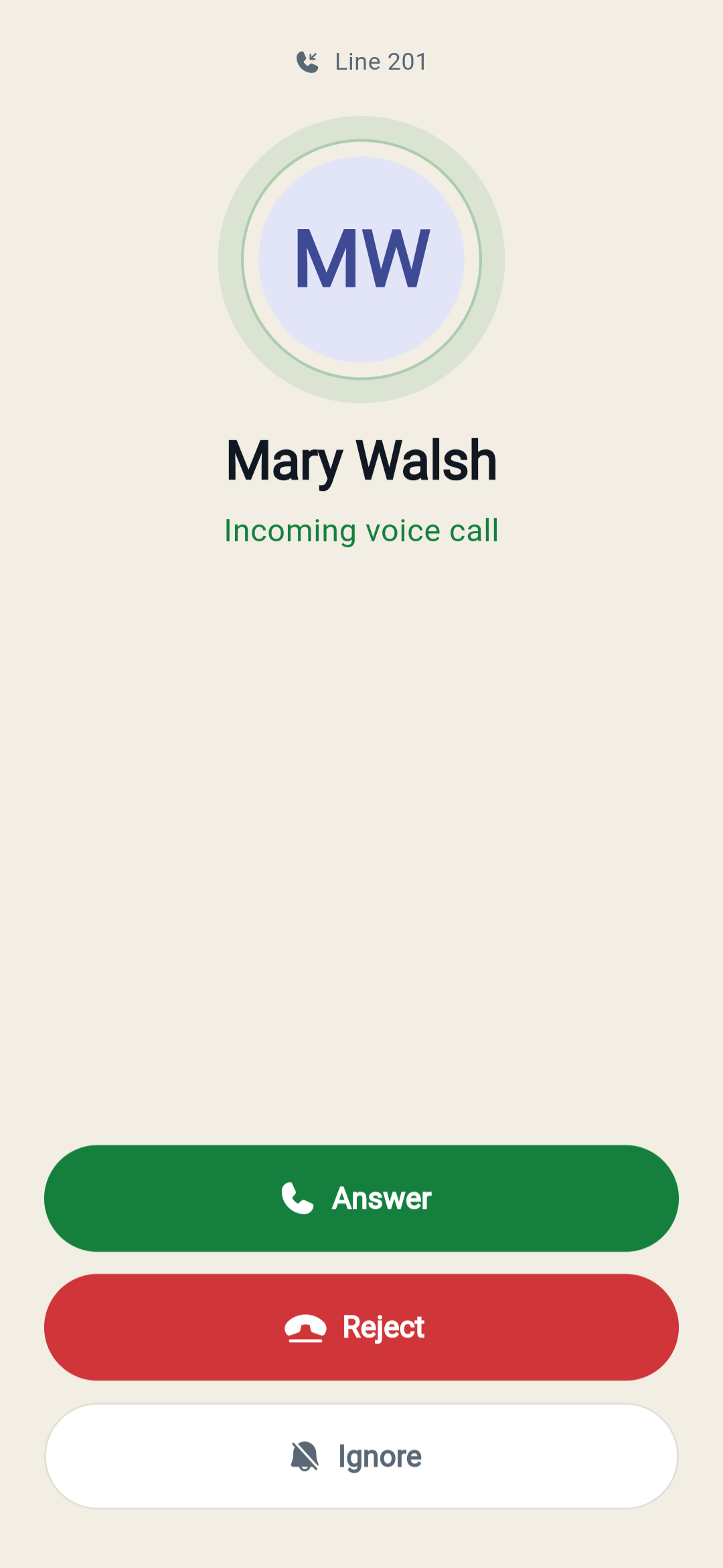 An incoming call in the VoxAgent app, with Answer, Reject and Ignore