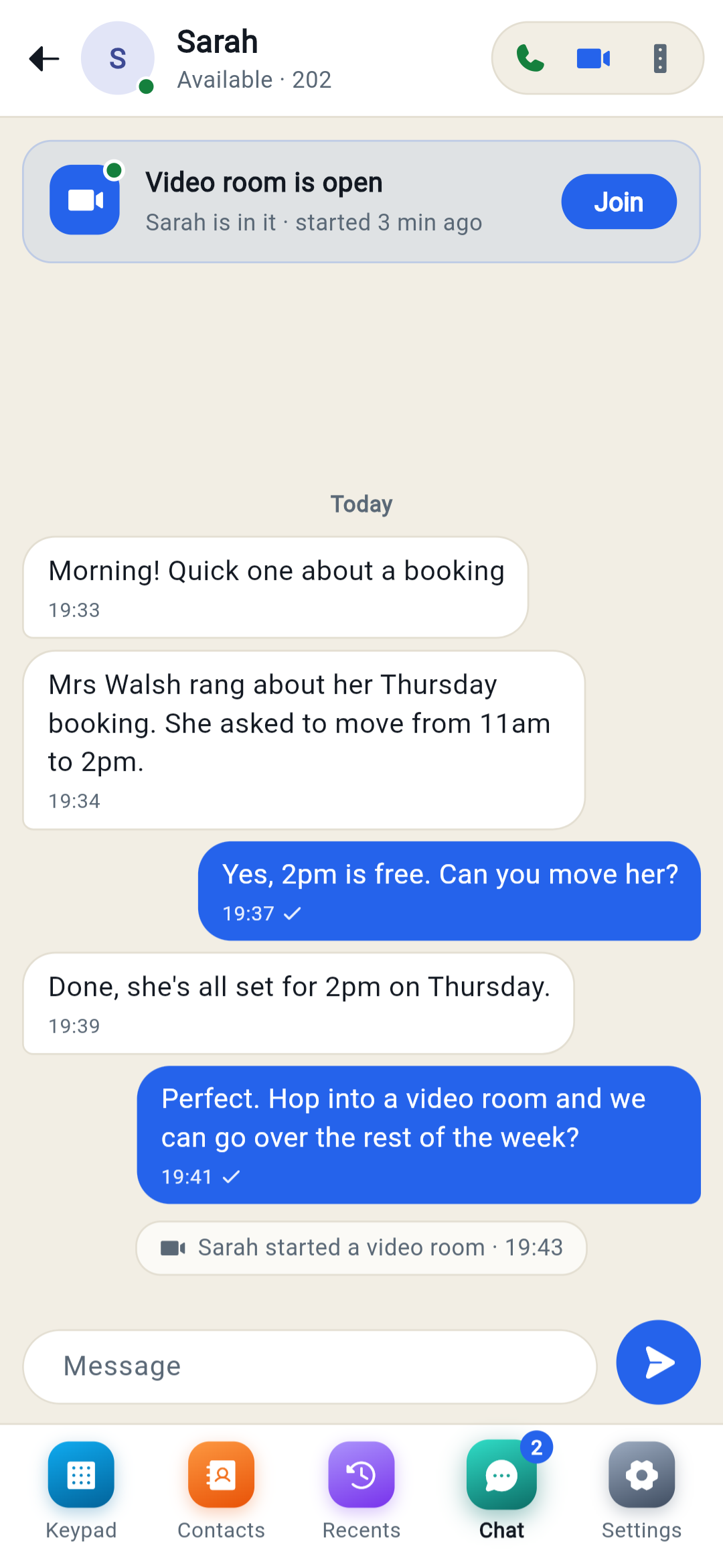 A team chat in the VoxAgent app with a video room open