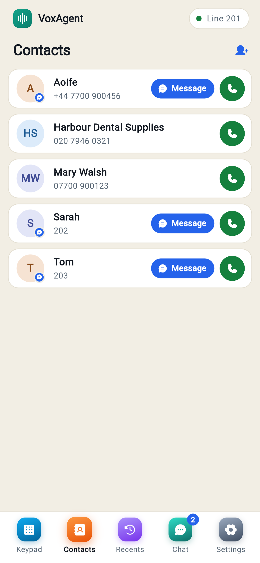 Contacts in the VoxAgent app, with colleagues marked as on VoxAgent