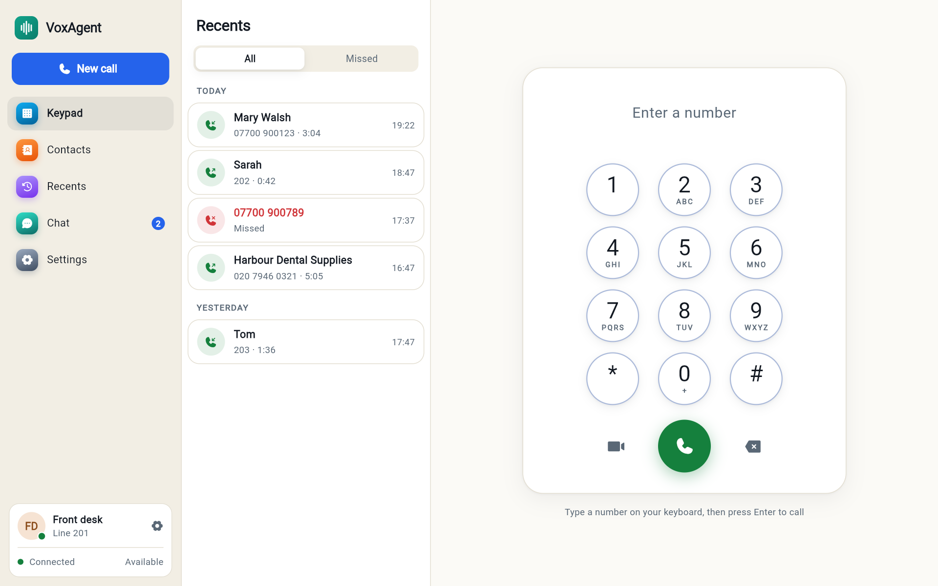 The VoxAgent desktop app for Windows, with recent calls and the keypad